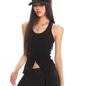 Slim Fit Sports Leisure Tank Top - Waist-Defining, Pleated Basic Style with Letter Logo - Trendy Activewear for Everyday Wear