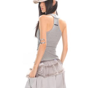 Slim Fit Sports Leisure Tank Top - Waist-Defining, Pleated Basic Style with Letter Logo - Trendy Activewear for Everyday Wear