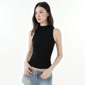 Slim-Fit Stretchy Sleeveless Vest with Half-High Collar - Basic Essential for 90s Y2K Style Fashion