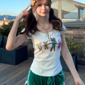 Slim Fit Tie Design American-Style Cartoon Printed Short Sleeve T-Shirt for Women - Summer Fashion Essential
