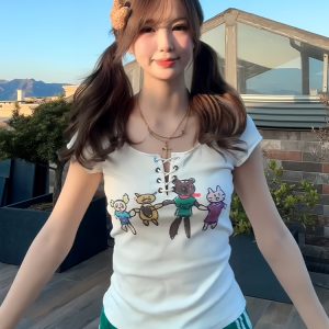 Slim Fit Tie Design American-Style Cartoon Printed Short Sleeve T-Shirt for Women - Summer Fashion Essential
