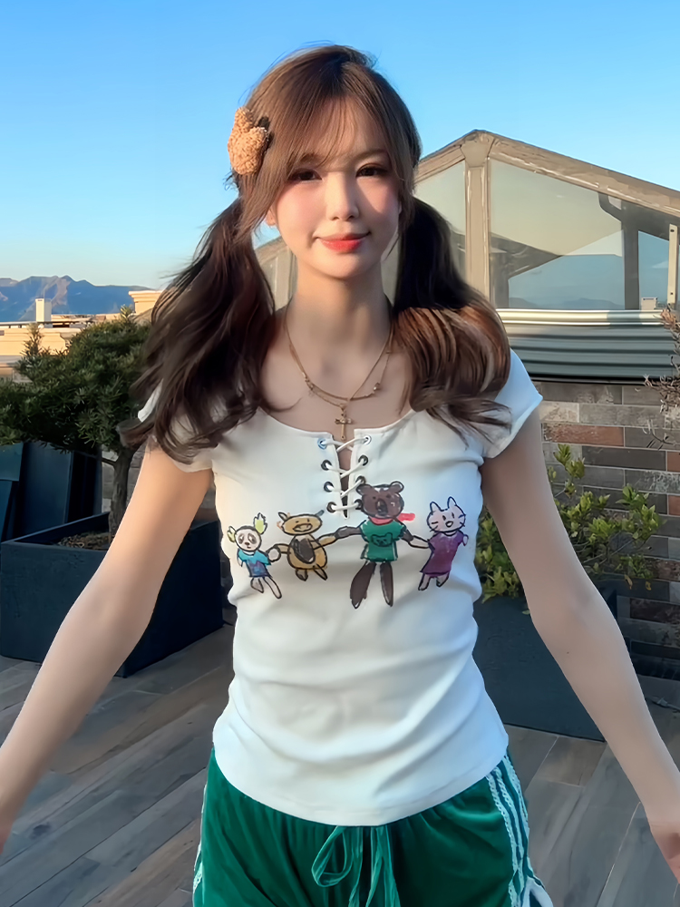 Slim Fit Tie Design American-Style Cartoon Printed Short Sleeve T-Shirt for Women - Summer Fashion Essential Slim Fit Tie Design American-Style Cartoon Printed Short Sleeve T-Shirt for Women - Summer Fashion Essential