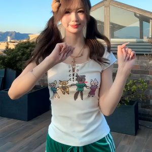 Slim Fit Tie Design American-Style Cartoon Printed Short Sleeve T-Shirt for Women - Summer Fashion Essential