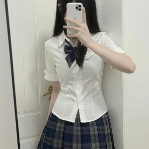 Slim Fit V-Neck White Shirt with Camellia Print, Long & Short Sleeves, College Style, Spring Summer Trend for Girls