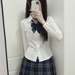 Slim Fit V-Neck White Shirt with Camellia Print, Long & Short Sleeves, College Style, Spring Summer Trend for Girls