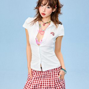 Slim Fit White Short Sleeve Shirt for Women - Textured Summer Top, American Style, Casual Wardrobe Essential