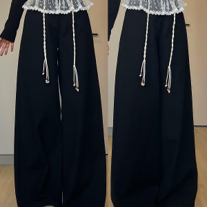 Slimming Black Lace Trim Wide-Leg Pants for Women - Loose-Fitting Straight-Leg Casual Trousers for Work and Everyday Wear