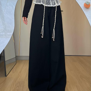 Slimming Black Lace Trim Wide-Leg Pants for Women - Loose-Fitting Straight-Leg Casual Trousers for Work and Everyday Wear
