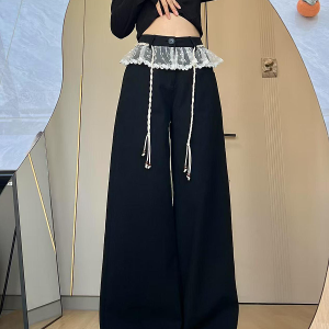 Slimming Black Lace Trim Wide-Leg Pants for Women - Loose-Fitting Straight-Leg Casual Trousers for Work and Everyday Wear