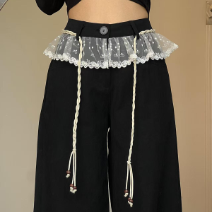 Slimming Black Lace Trim Wide-Leg Pants for Women - Loose-Fitting Straight-Leg Casual Trousers for Work and Everyday Wear