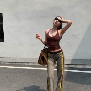 Slimming Low-Waisted Hip-Hugging Dress Pants in Khaki Brown Plaid with Orange Highlights - Chic Y2K Style Fashion