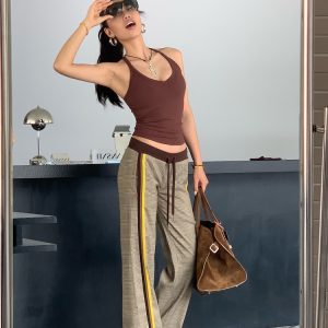 Slimming Low-Waisted Hip-Hugging Dress Pants in Khaki Brown Plaid with Orange Highlights - Chic Y2K Style Fashion