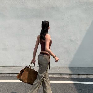 Slimming Low-Waisted Hip-Hugging Dress Pants in Khaki Brown Plaid with Orange Highlights - Chic Y2K Style Fashion