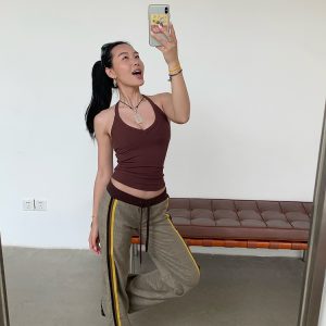 Slimming Low-Waisted Hip-Hugging Dress Pants in Khaki Brown Plaid with Orange Highlights - Chic Y2K Style Fashion