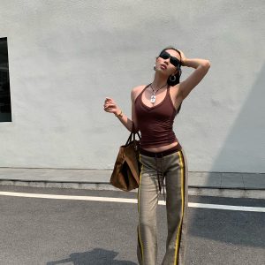 Slimming Low-Waisted Hip-Hugging Dress Pants in Khaki Brown Plaid with Orange Highlights - Chic Y2K Style Fashion