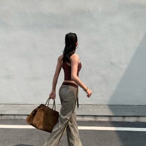 Slimming Low-Waisted Hip-Hugging Dress Pants in Khaki Brown Plaid with Orange Highlights - Chic Y2K Style Fashion