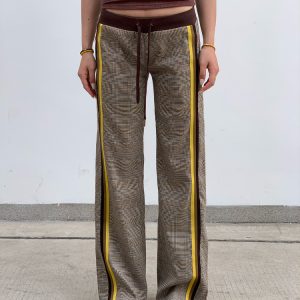 Slimming Low-Waisted Hip-Hugging Dress Pants in Khaki Brown Plaid with Orange Highlights - Chic Y2K Style Fashion