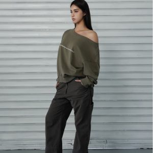 Slouchy Oversized Sweatshirt with Retro Casual One-Shoulder Design - Y2K Inspired Fashion