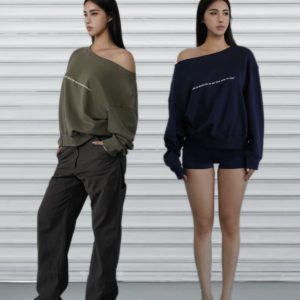 Slouchy Oversized Sweatshirt with Retro Casual One-Shoulder Design - Y2K Inspired Fashion