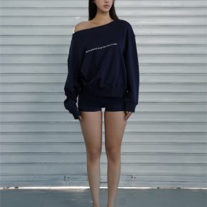 Slouchy Oversized Sweatshirt with Retro Casual One-Shoulder Design - Y2K Inspired Fashion