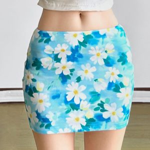Small Daisy Floral Bodycon Skirt - Women's Fresh Oil Paint Blue Midi Skirt for Spring - Trendy Dopamine Fashion