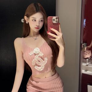 Small Fragrant Wind Knitted Spaghetti Strap Bodycon Dress Two-Piece Set - Trendy Summer Fashion