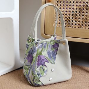 Small Square Hand-Held Vegetable Basket Bag - Cute Color-Blocking Cat Design - Handmade Textured Crossbody Bag for Spring/Summer Fashion