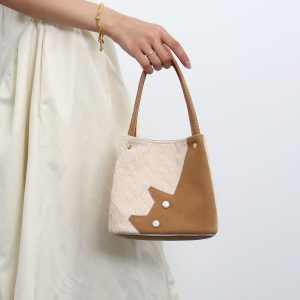 Small Square Hand-Held Vegetable Basket Bag - Cute Color-Blocking Cat Design - Handmade Textured Crossbody Bag for Spring/Summer Fashion