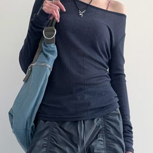 Smog Blue Lace-Up Backless Fitted Thin Knit Top for Women - One-Shoulder Long Sleeve Solid Color Shirt, Y2K Style