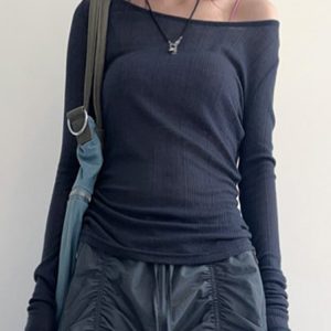 Smog Blue Lace-Up Backless Fitted Thin Knit Top for Women - One-Shoulder Long Sleeve Solid Color Shirt, Y2K Style