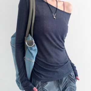 Smog Blue Lace-Up Backless Fitted Thin Knit Top for Women - One-Shoulder Long Sleeve Solid Color Shirt, Y2K Style