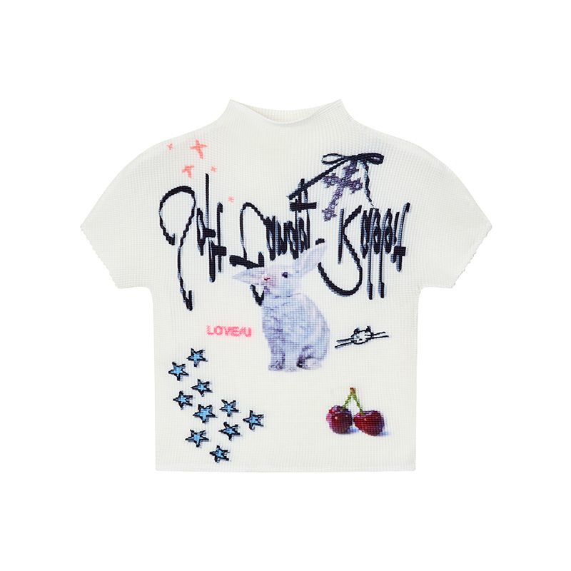 Soft Candy Rabbit Printed Short Sleeve T-Shirt - Elastic Pleated Design, Cute 90s Style Top for a Trendy Look Soft Candy Rabbit Printed Short Sleeve T-Shirt - Elastic Pleated Design, Cute 90s Style Top for a Trendy Look