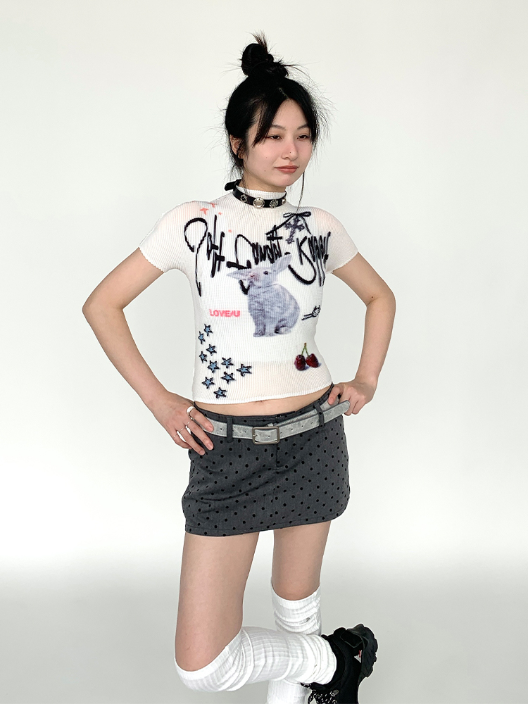 Soft Candy Rabbit Printed Short Sleeve T-Shirt - Elastic Pleated Design, Cute 90s Style Top for a Trendy Look Soft Candy Rabbit Printed Short Sleeve T-Shirt - Elastic Pleated Design, Cute 90s Style Top for a Trendy Look