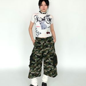 Soft Candy Rabbit Printed Short Sleeve T-Shirt - Elastic Pleated Design, Cute 90s Style Top for a Trendy Look