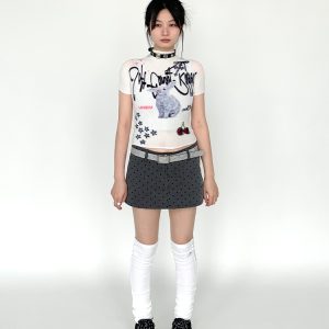 Soft Candy Rabbit Printed Short Sleeve T-Shirt - Elastic Pleated Design, Cute 90s Style Top for a Trendy Look