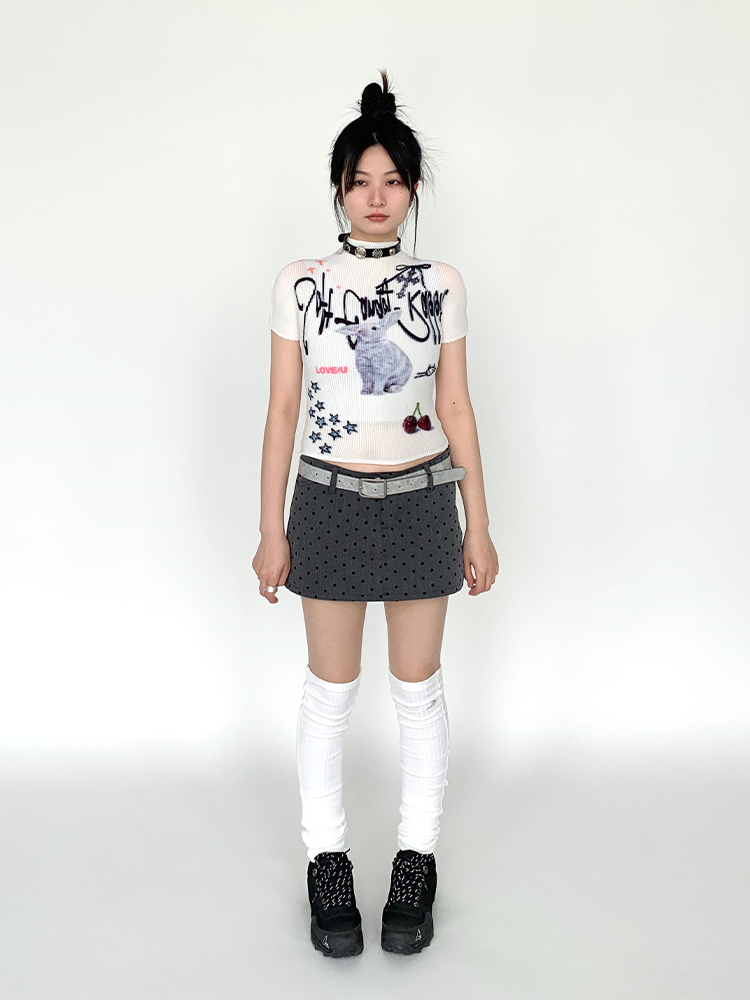 Soft Candy Rabbit Printed Short Sleeve T-Shirt - Elastic Pleated Design, Cute 90s Style Top for a Trendy Look Soft Candy Rabbit Printed Short Sleeve T-Shirt - Elastic Pleated Design, Cute 90s Style Top for a Trendy Look