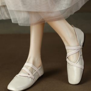 Soft Leather Flat Mary Jane Shoes for Women - Cross Strap Design, Italian Style, Perfect for Casual or Elegant Looks