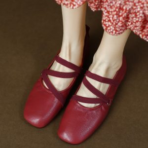 Soft Leather Flat Mary Jane Shoes for Women - Cross Strap Design, Italian Style, Perfect for Casual or Elegant Looks