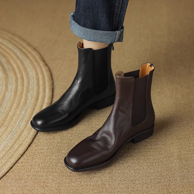 Soft Sole Non-Rubbing Chelsea Boots for Women - 3cm Thick Heel, Genuine Leather, Round Toe, Italian Style, Comfortable Fashion Footwear