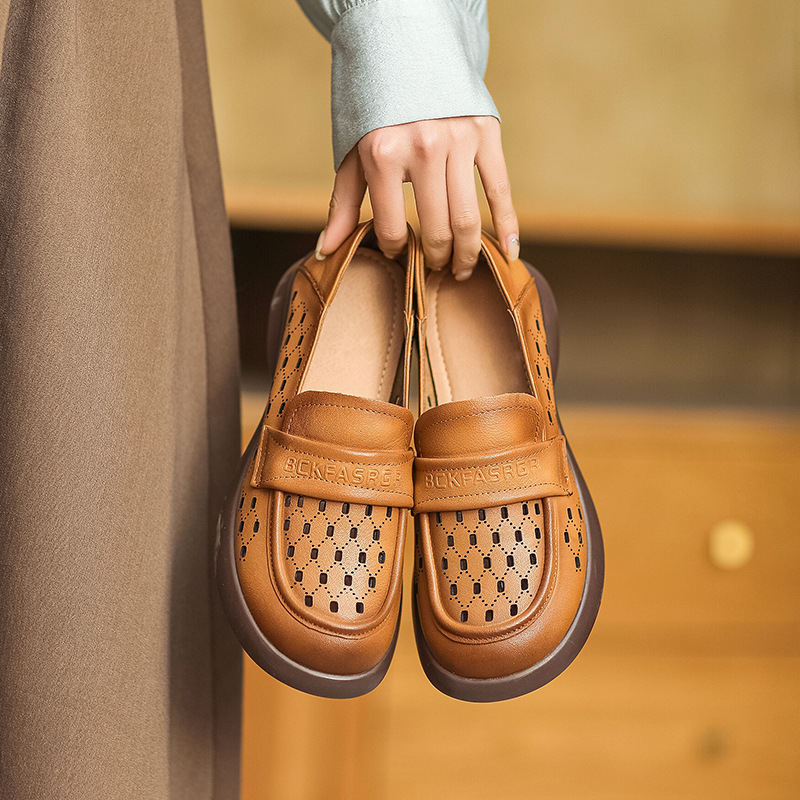 Soft-Soled Italian-Style Flats for Spring/Summer - Comfortable Hollow Genuine Leather Shoes