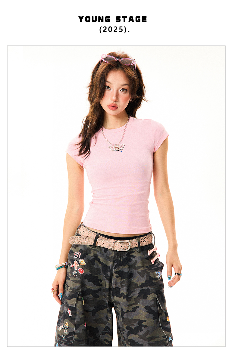 Solid Color Pink Cropped T-Shirt for Women - Short Sleeve, Slim Fit, Spicy Girl Style, Summer Essential Solid Color Pink Cropped T-Shirt for Women - Short Sleeve, Slim Fit, Spicy Girl Style, Summer Essential