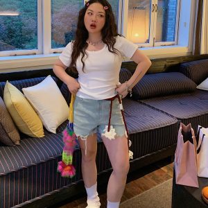 Solid Color Round Neck Short Sleeve T-Shirt for Women - Slim Fit Waist-Cinching Summer Top 2025, Flattering Shoulder Design