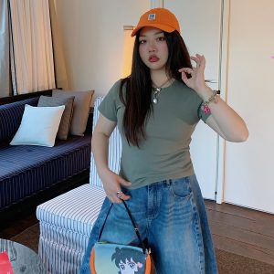 Solid Color Round Neck Short Sleeve T-Shirt for Women - Slim Fit Waist-Cinching Summer Top 2025, Flattering Shoulder Design