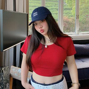 Solid Color Round Neck Short Sleeve T-Shirt for Women - Slim Fit Waist-Cinching Summer Top 2025, Flattering Shoulder Design