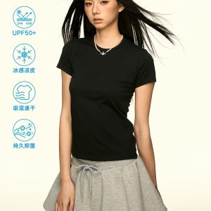 Solid Color Sorona Cool Feeling Short Sleeve T-Shirt for Women - Summer Minimalist Basic Fitted Slim Top