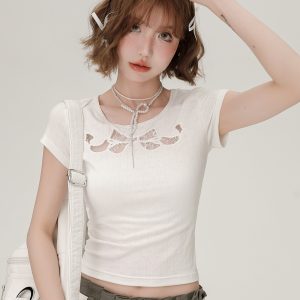 Spicy Girl Butterfly Knot Hollow Short-Sleeve T-Shirt for Women - Summer Lace Embroidery Slim Fit Top, Y2K Fashion