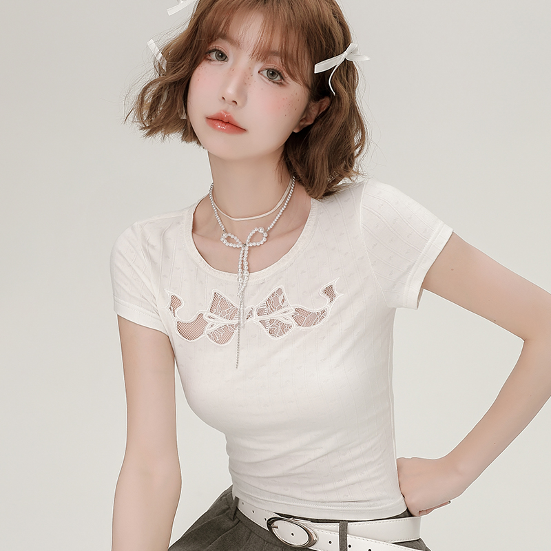 Spicy Girl Butterfly Knot Hollow Short-Sleeve T-Shirt for Women - Summer Lace Embroidery Slim Fit Top, Y2K Fashion