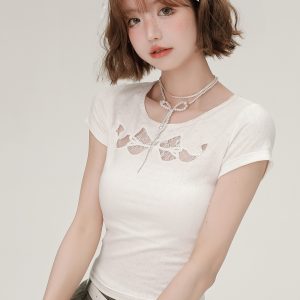 Spicy Girl Butterfly Knot Hollow Short-Sleeve T-Shirt for Women - Summer Lace Embroidery Slim Fit Top, Y2K Fashion