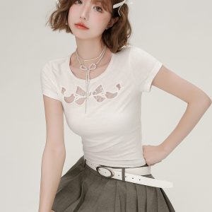Spicy Girl Butterfly Knot Hollow Short-Sleeve T-Shirt for Women - Summer Lace Embroidery Slim Fit Top, Y2K Fashion