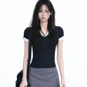 Spicy Girl College Style Fake Two-Piece Lapel Short Sleeve T-Shirt for Women - Fitted Shoulder Top, Trendy Y2K Fashion